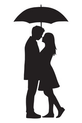 Intimate silhouette of a couple embracing under an umbrella, capturing a moment of romantic connection and shared shelter