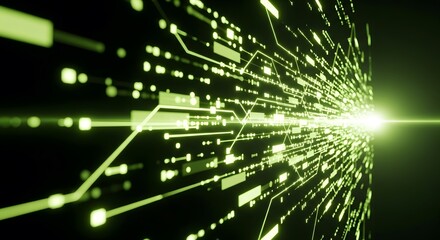 Abstract digital data stream with glowing green lines and nodes, representing technology, network, and information flow in a futuristic concept