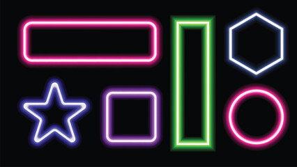 Vector Illustration of Neon Glowing Borders. Neon illuminated frame design in Blue, Purple, Pink and Green Colors