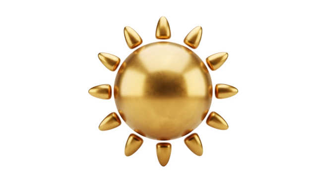 A shiny golden sun symbol with pointed rays representing warmth and light isolated on transparent background