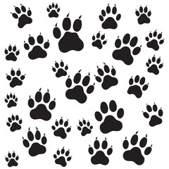 Dynamic black paw prints create a playful and energetic pattern perfect for animal-themed designs and wildlife projects