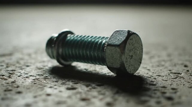 Close-up of a metallic bolt and nut lying on a gritty, textured ground surface.