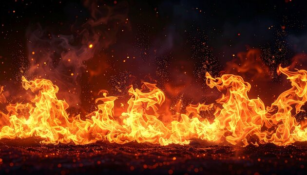 A dynamic and powerful display of vibrant orange and red flames burning intensely across a dark, smoky backdrop, evoking themes of energy, destruction, and warmth