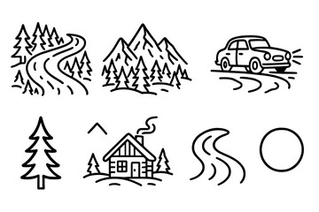 Snowy Mountain Drive. Mountain Road Journey outline icon set: winding snowy road, pine trees, mountain peaks, car with headlights, frosted guardrail, distant cabin, icy curve,