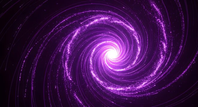 A vibrant purple spiral galaxy with glowing particles and a bright center, evoking a sense of cosmic wonder and deep space exploration