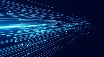 Abstract blue glowing lines and particles moving rapidly in a dark digital space, representing data transfer, speed, and technology