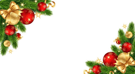 Festive Christmas Corner Decoration with Red and Gold Ornaments on Fir Branches for Holiday Cards and Seasonal Greetings
