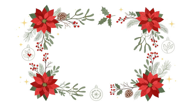 Festive floral Christmas frame design with red poinsettias, pine cones, and holly berries, perfect for holiday greeting cards, invitations, and seasonal marketing materials.