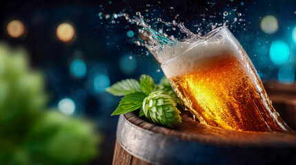 Refreshing glass of beer splashing on a wooden barrel with hops beside it, symbolizing freshness and brewing craft