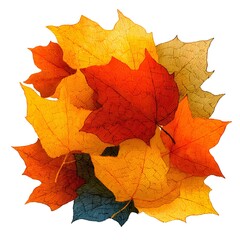 Obraz premium A vibrant pile of hand drawn maple leaves in autumn colors creates a warm and inviting seasonal illustration on a white background.