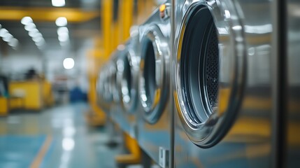 Close up of a row of shiny metallic industrial washing machines in a brightly lit factory setting with blurred background