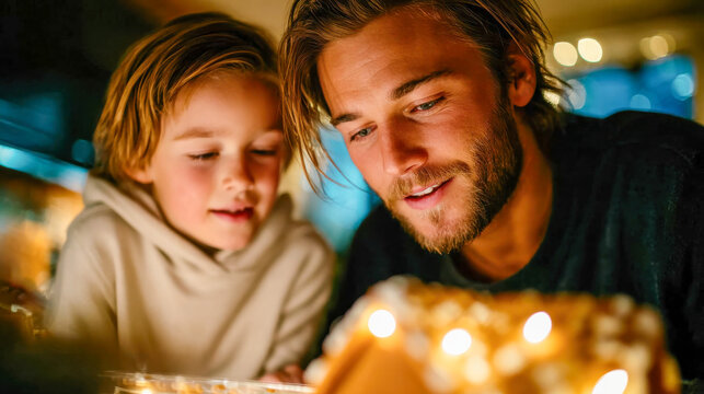 Father and son smiling warmly while admiring a lit gingerbread house, evoking cozy family moments