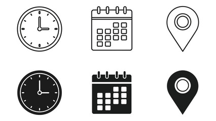 Time, calendar, and location icon set isolated on white background, Vector