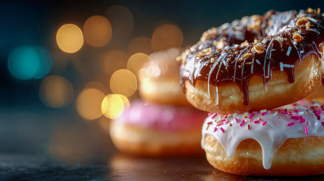 Stack of colorful glazed donuts with sprinkles and chocolate drizzle, creating a tempting dessert scene