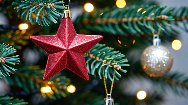 Close up of red star ornament hanging on Christmas tree with bokeh background - Powered by Adobe
