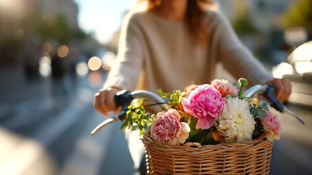 Woman riding bicycle with flowers in basket on city street, under soft natural light highlighting charm and movement, serene urban scene, calm street lighting, with copy space