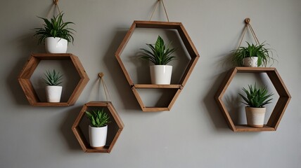 Modern Hexagonal Shelves with Hanging and Potted Plants Decor V7