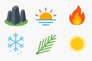 Vibrant Sacred Icons. Sacred Stone Gathering modern flat icon set: monoliths, sunrise, snow, flame, star, horizon line, pine sprig, glow.