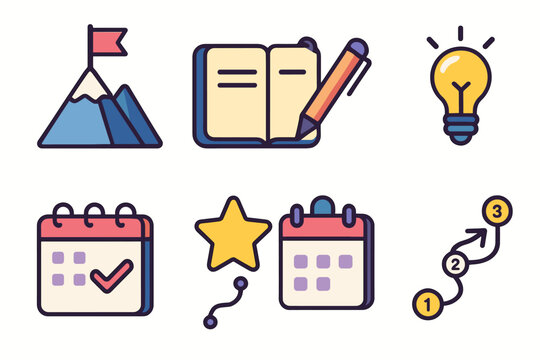Vision Icons Set. Vision & Goals modern flat icon set: mountain peak, flag, journal, pen, star, lightbulb, calendar, arrow path.