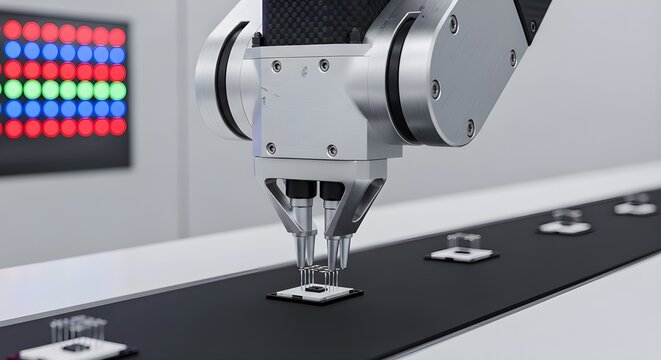 Automated robotic arm in a clean manufacturing facility placing a small component onto a moving black conveyor belt. Symbolizes factory automation and assembly lines.
