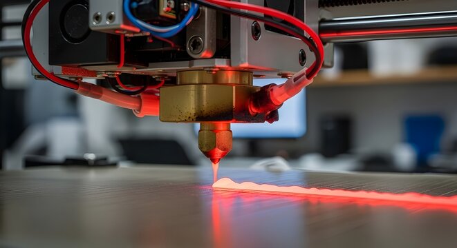 Close-up of a high-tech 3D printer head depositing material, guided by a sharp red laser beam on a surface. Represents rapid prototyping, manufacturing, and industrial technology.