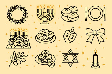 Hanukkah Celebration Icons. Hanukkah Dinner Gathering outline icon set: menorah glow, candles, latkes, dreidel, coins, blue ribbon, olive branch, tableware, star pattern, wreath,