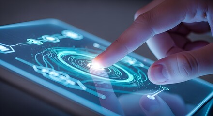 Hand and finger touching a glowing, futuristic circular user interface (UI) displayed on a tablet or screen. Represents data, connectivity, big data, and interactive technology.