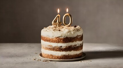 A frosted layer cake with golden numeral candles representing the number forty sitting on a small plate celebrating a milestone birthday.