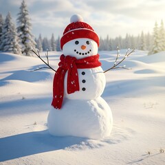Obraz premium Cheerful snowman stands in a snowy field wearing a red hat and scarf on a bright winter day