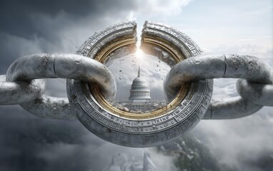 Naklejka premium Symbolic Representation of Freedom A Broken Chain Link Over US Capitol Building in a Dramatic and Conceptual Composition
