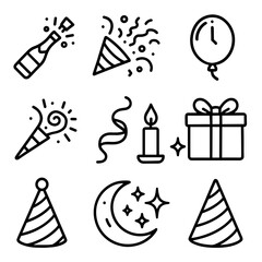 Festive Icon Extravaganza. New Year Celebration Energy outline icon set: champagne bottle, confetti spray, fireworks, clock at midnight, balloon, party horn, ribbon swirl, glowing