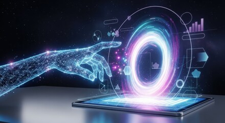 Futuristic digital hand interacting with vibrant glowing data vortex emerging from a tablet screen, representing innovation and technology