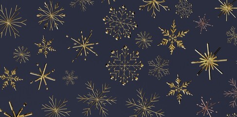 Elegant gold snowflakes pattern on a navy blue background, perfect for winter holiday designs, Christmas backgrounds, and festive the