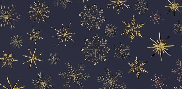 Elegant gold snowflakes pattern on a navy blue background, perfect for winter holiday designs, Christmas backgrounds, and festive the