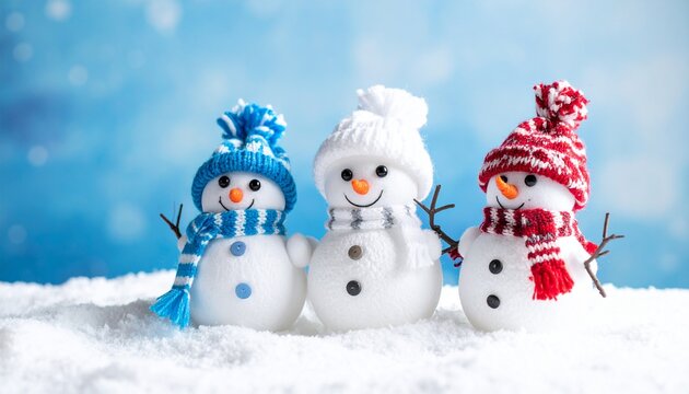 Three cute smiling snowmen wearing colorful winter hats and scarves stand together in a snowy wonderland with a blue bokeh background