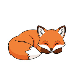 Obraz premium A cute baby fox with a bushy tail laying down, cartoon vector illustration on a white background.
