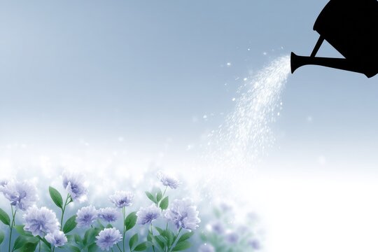 Nurturing Bloom: A scene of delicate flowers being gently watered by a silhouetted watering can, creating an image of care and renewal.
