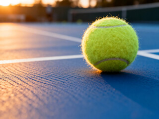 Close-Up Tennis Ball on Blue Court with Warm Sunset Light and Long Shadows