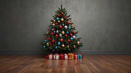 Realistic Christmas Tree with Ornaments on Hardwood Floor V2