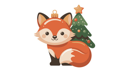 Festive Fox Ornament: A charming illustration of a fox as a Christmas ornament, featuring a tiny christmas tree beside it, exuding a playful and heartwarming ambiance for the holiday season.
