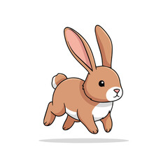 A cute baby rabbit with long ears hopping forward, cartoon vector illustration on a white background.