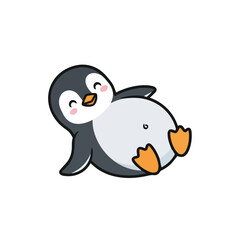 A cute baby penguin with small wings sliding on its belly, cartoon vector illustration on a white background.