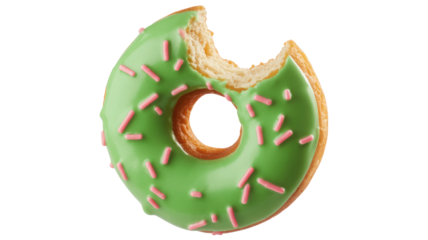 A delicious green frosted donut with sprinkles and a bite taken out of it isolated on transparent background