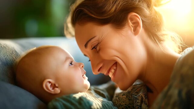 Happy mother and her cute baby resting on sofa at home, space for text, under soft natural light highlighting joy and bonding, serene family scene, calm sofa lighting, with copy sp