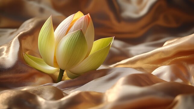 Delicate lotus bud unfurling amidst luxurious golden satin fabric, embodying purity, beauty, and serene elegance for tranquil wellness and spa themes.