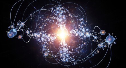 Dynamic abstract network of glowing particles and light trails creating a vibrant, energetic cosmic explosion of interconnected ideas and innovation