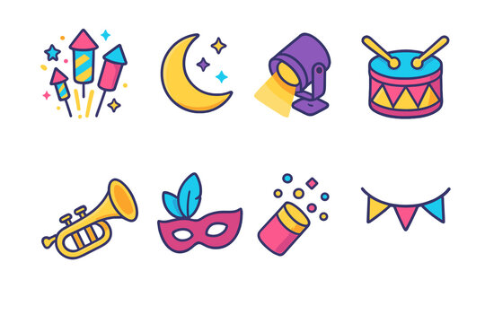 Carnival Night Icons. Carnival Night flat icons: fireworks, moon, spotlight, drum, trumpet, mask, glitter, banner.