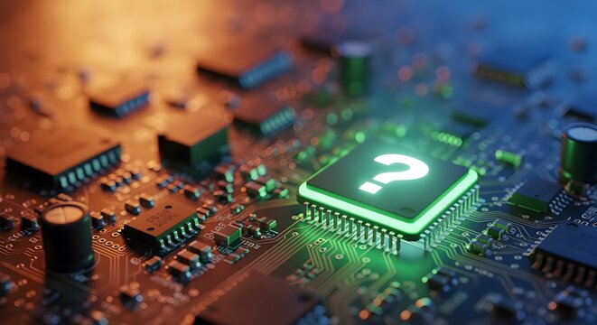 Luminous question mark on a sophisticated microchip, symbolizing AI and data processing challenges, exploring the unknown in advanced technology