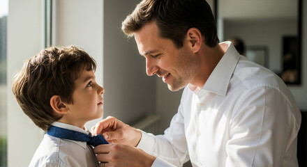 Obraz premium Father helping son with tie in bright room by window 