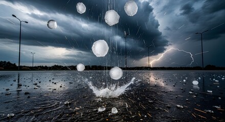powerful hailstorm with lightning strike over wet road